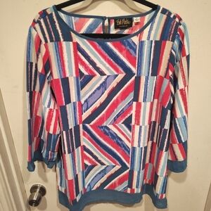 Bob Mackie Colorful Geometric Print Chiffon Hem Tunic Top Sz L Art To Wear Event